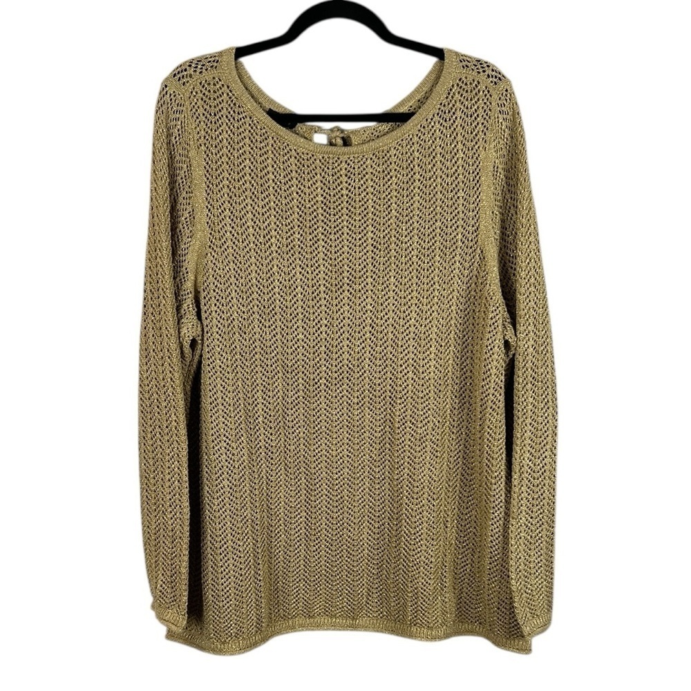 Talbots Gold Metallic Long Sleeve Tie Back Cotton Blend Open Knit Sweater 2X